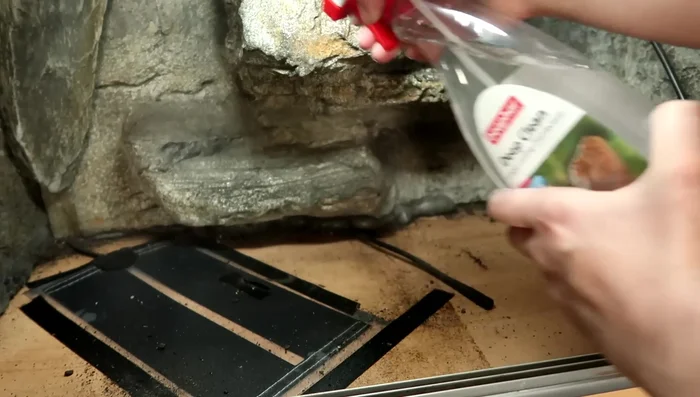 Disinfect the tank using a reptile-safe disinfectant like BFR. Allow it to sit for a short time, per the manufacturer's instructions. Rinse the floor with water to remove loose debris.