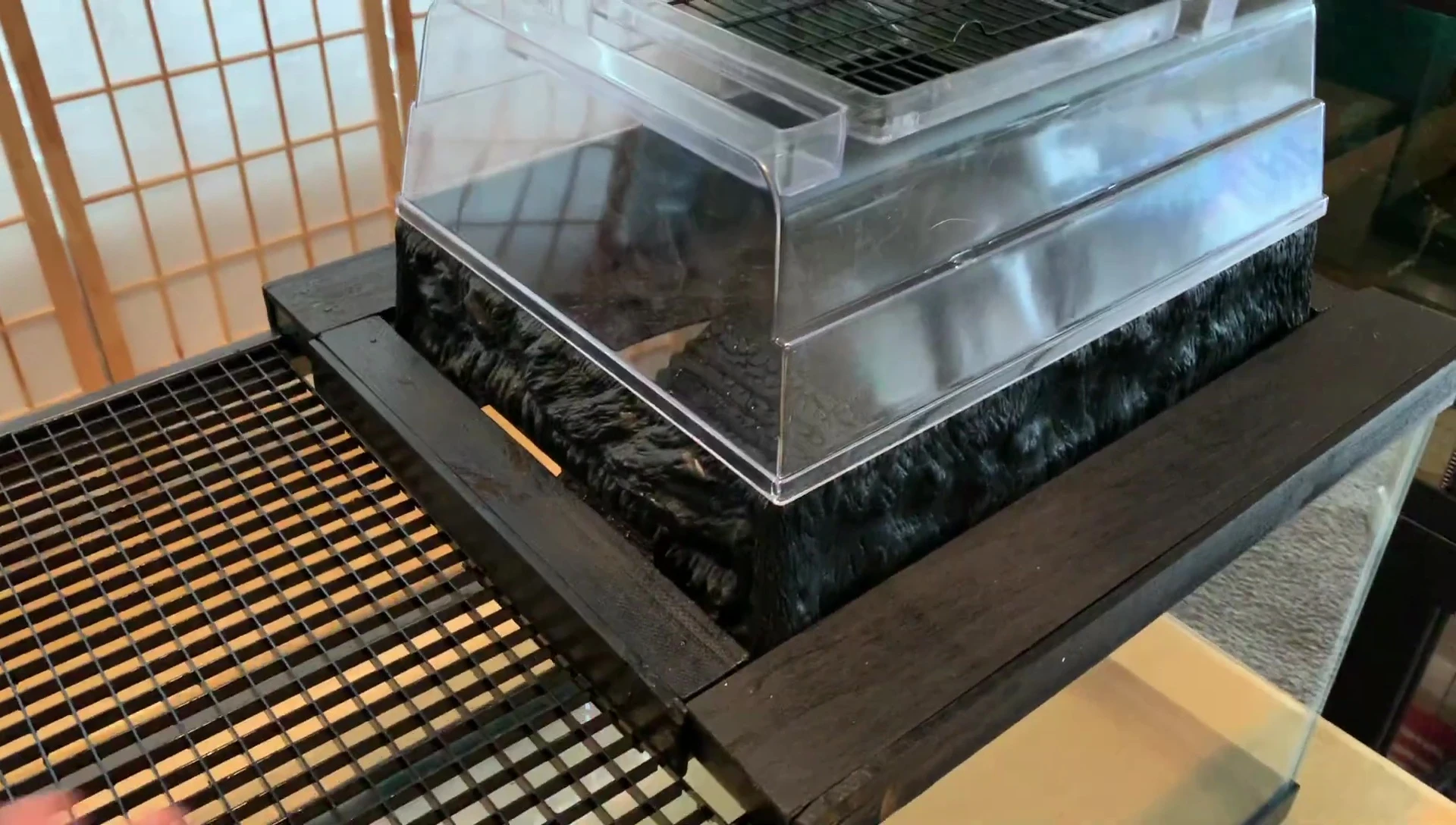 Close-up view of the wooden frame's attachment to the original turtle topper.