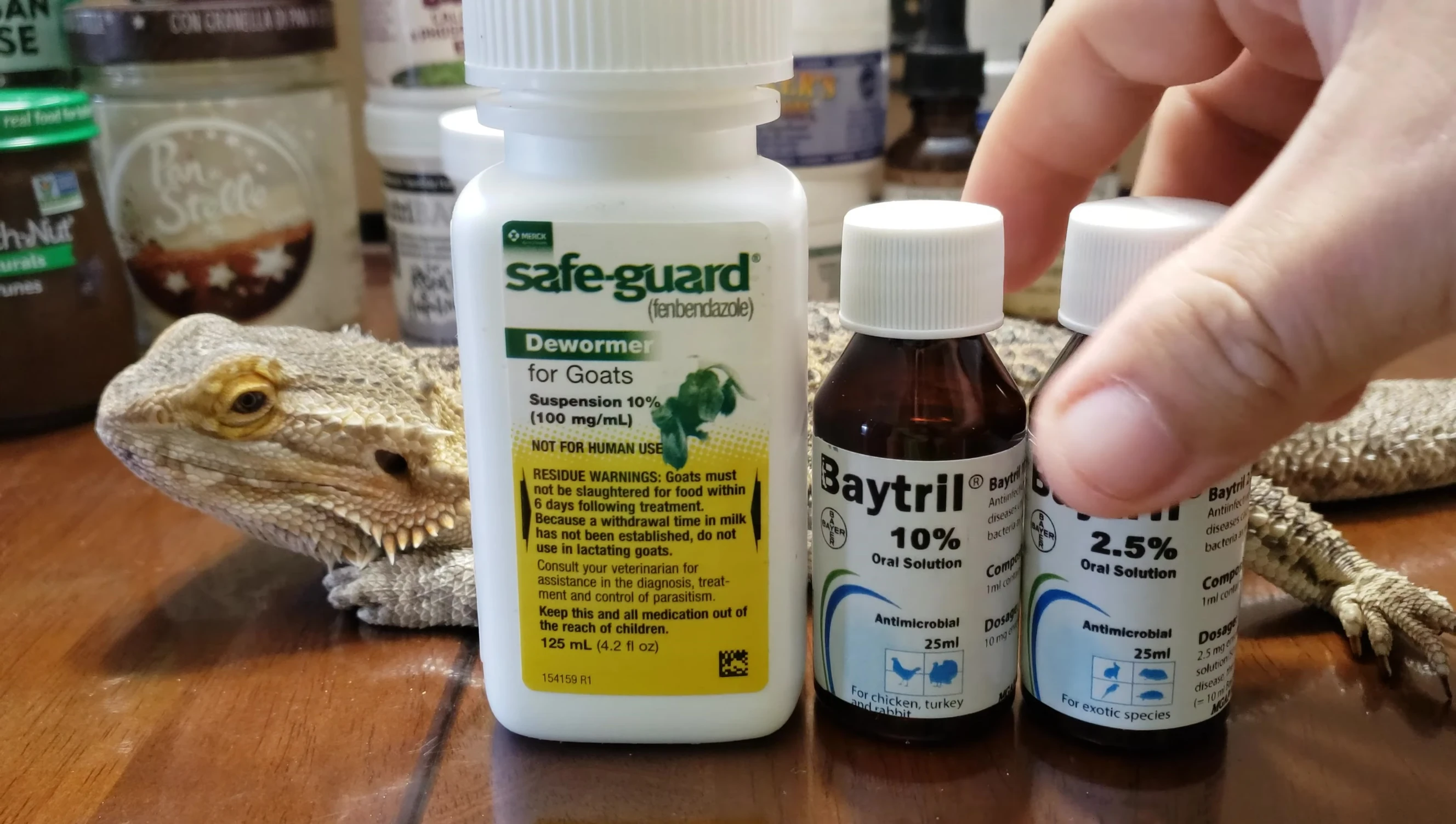 Image of various reptile medications, highlighting Baytril.