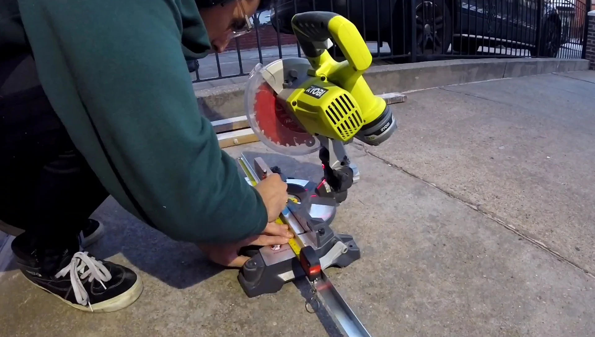 Cutting aluminum angles with a miter saw.