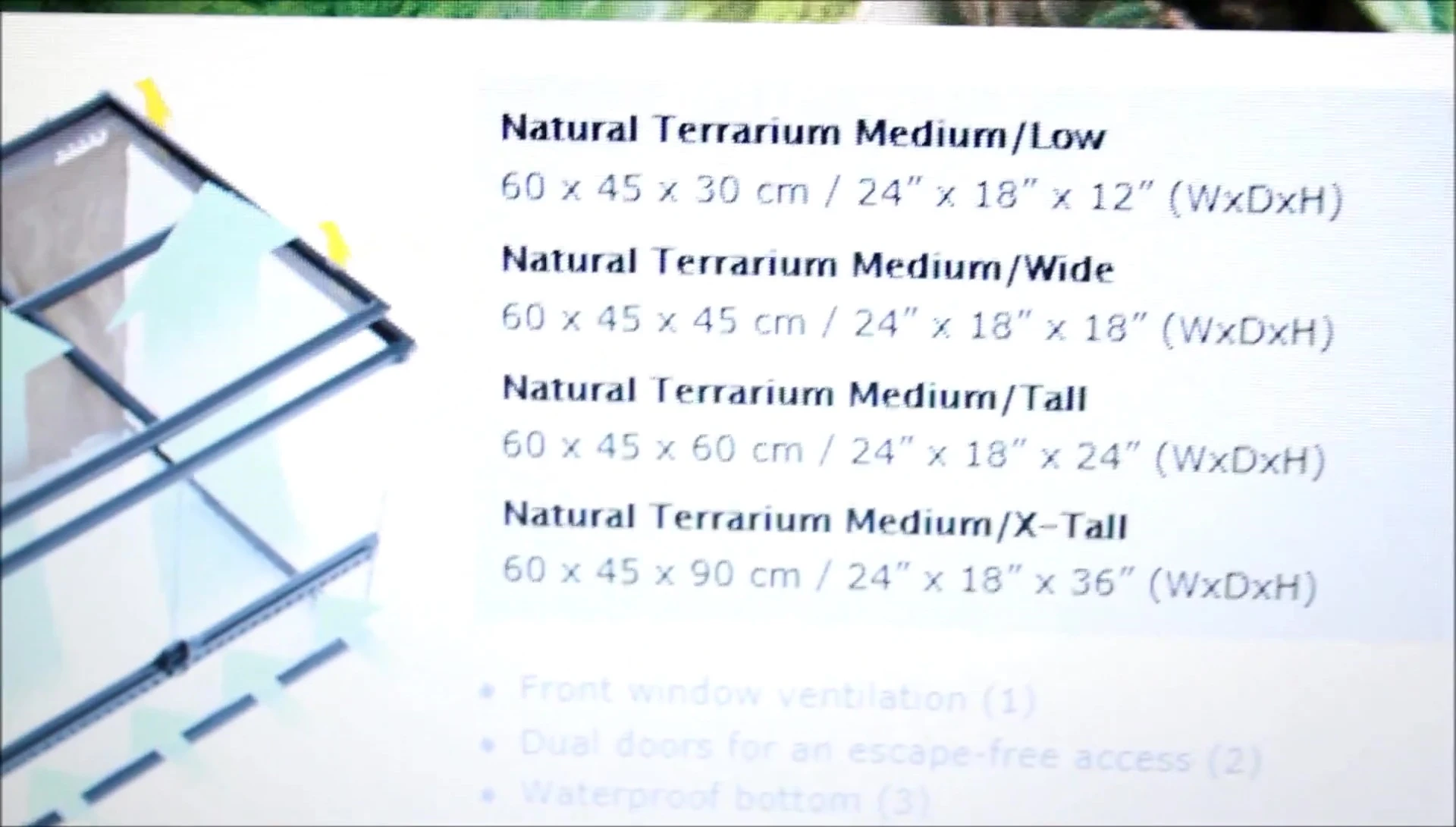 A glass terrarium with dimensions displayed to demonstrate sizing