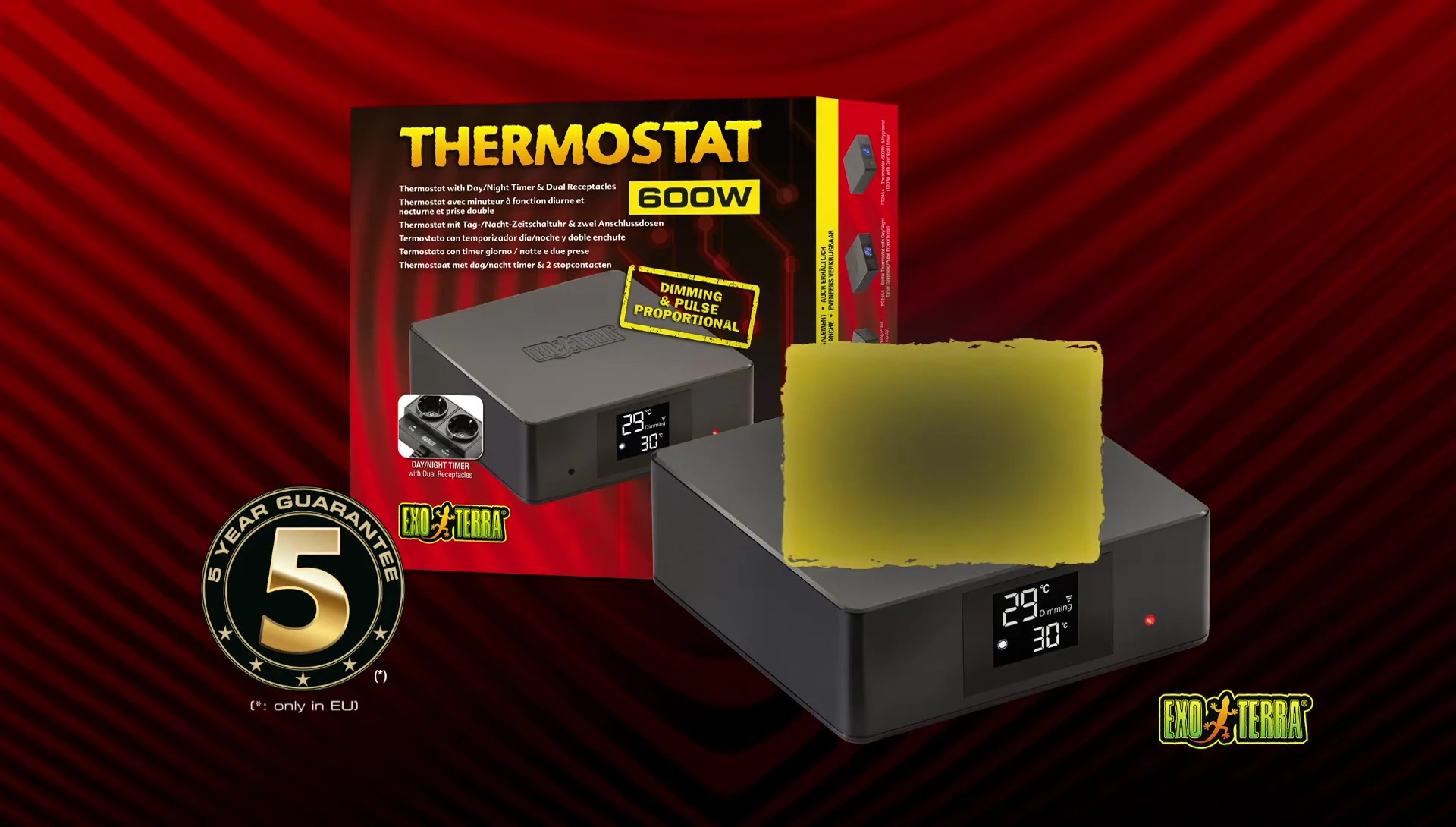 The thermostat display showing set and actual temperatures.