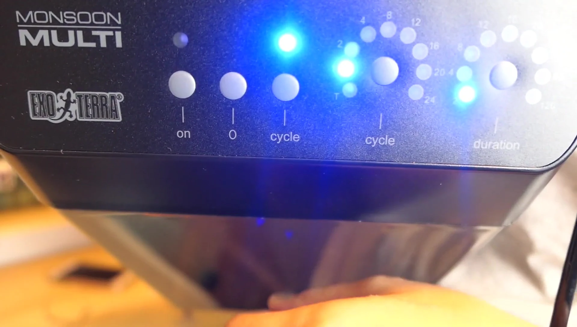 The control panel display showing timer and duration settings.