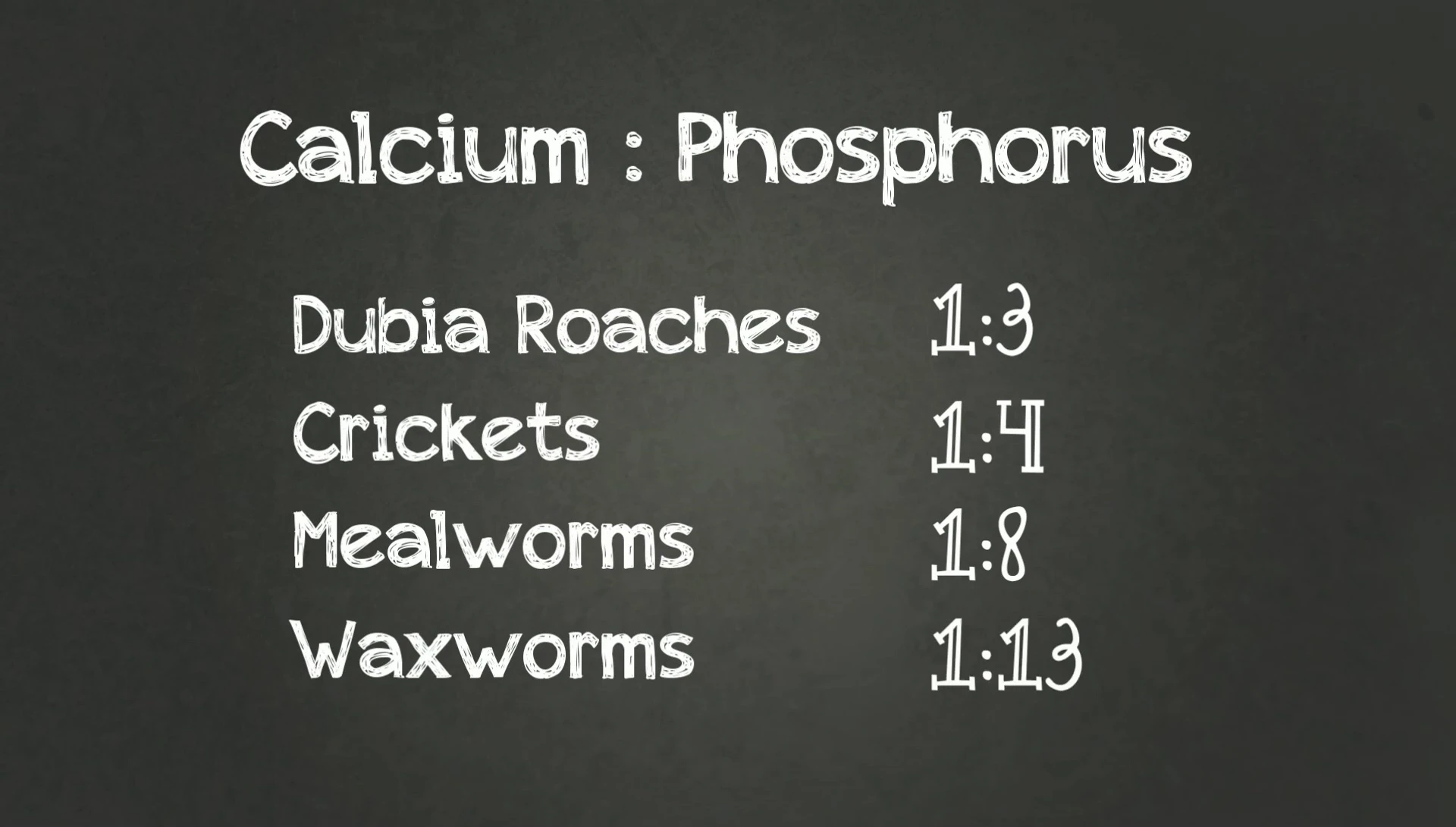 Chart or graph illustrating the calcium:phosphorus ratios in different feeder insects.