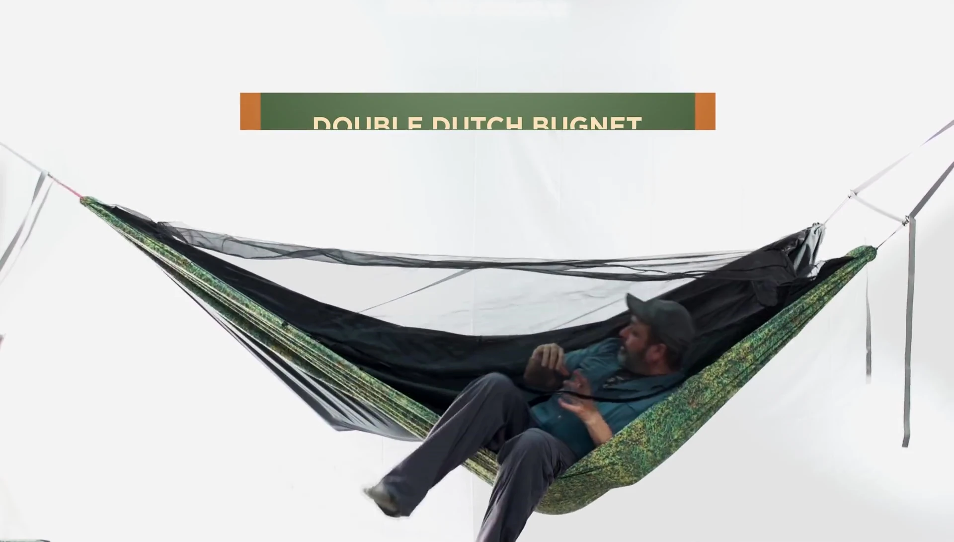 Demonstration of the Double Dutch Bug Net connecting two hammocks.