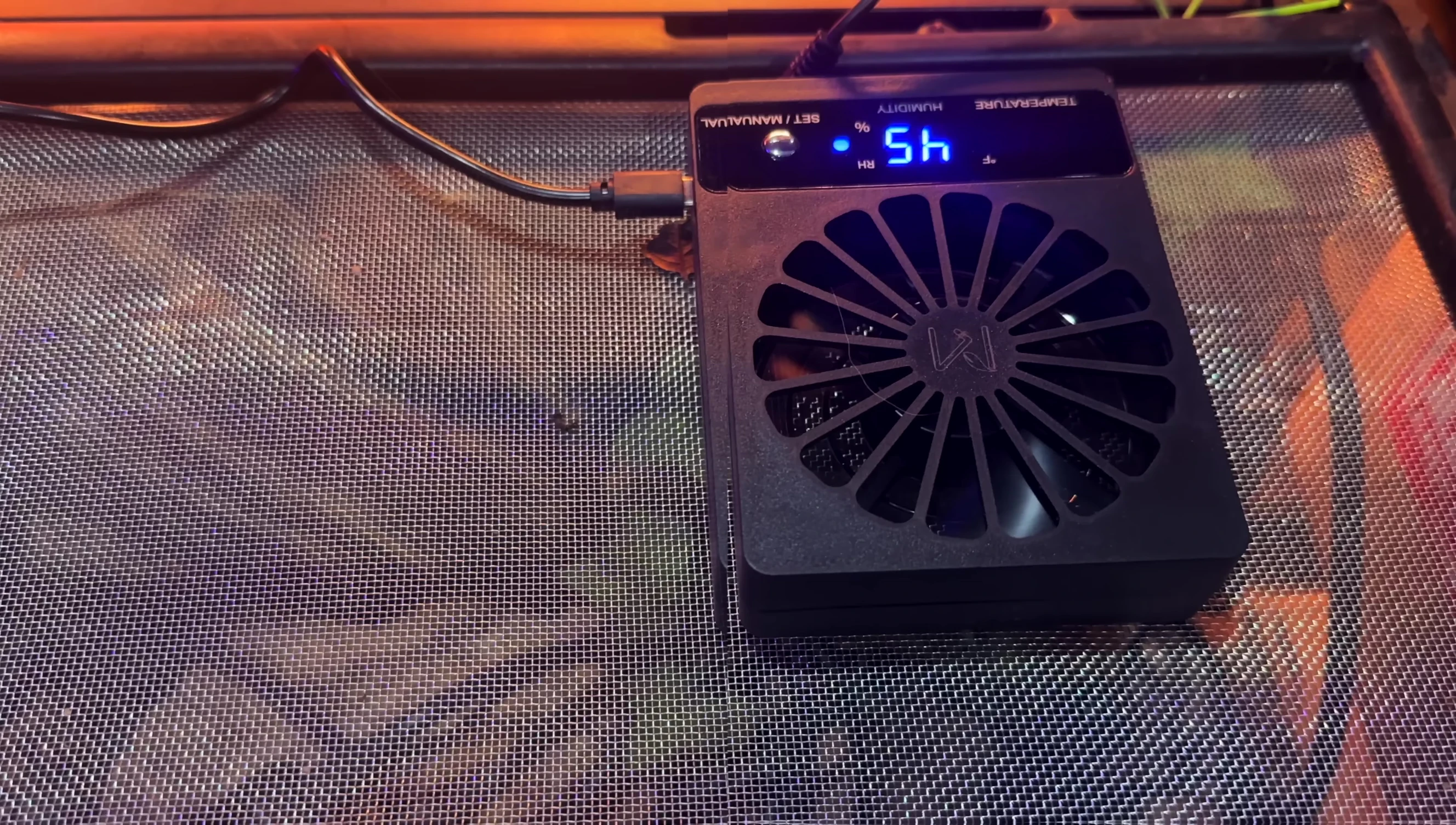 The dehumidifier set up in a terrarium.