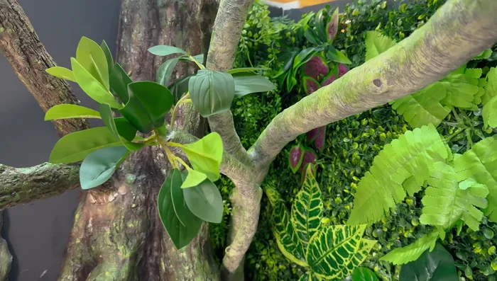 Attach foliage: Hot glue artificial plants into the branch ends; drill holes in knots and insert stems for leaves.