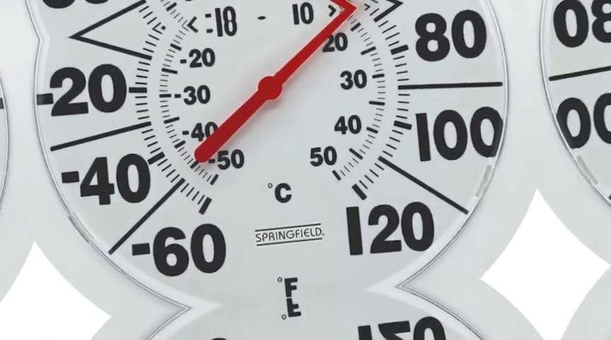 Close-up of the Springfield thermometer's display, showing the temperature readings.