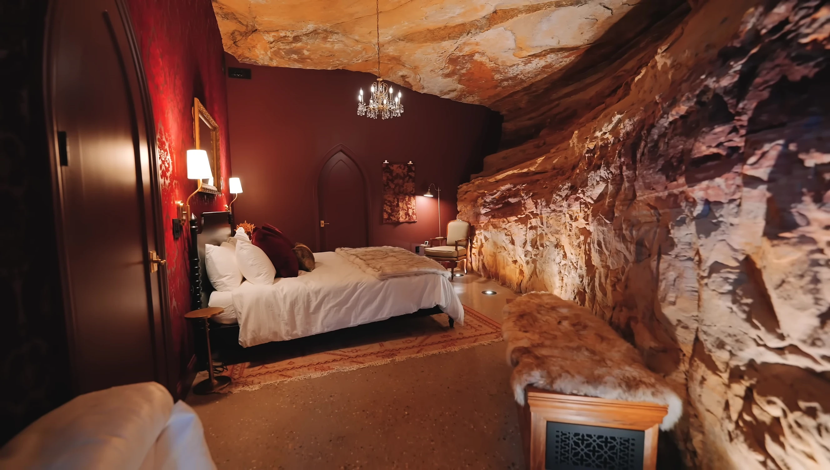 The second bedroom with its velvet wall coverings and fold-down bunk beds.