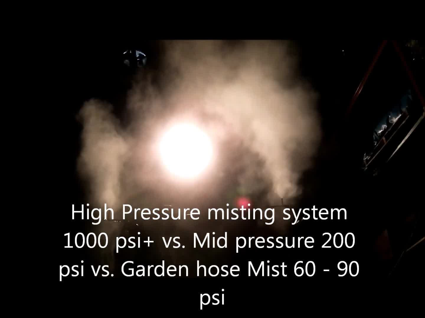 Close-up of the 1200 PSI misting system in operation.