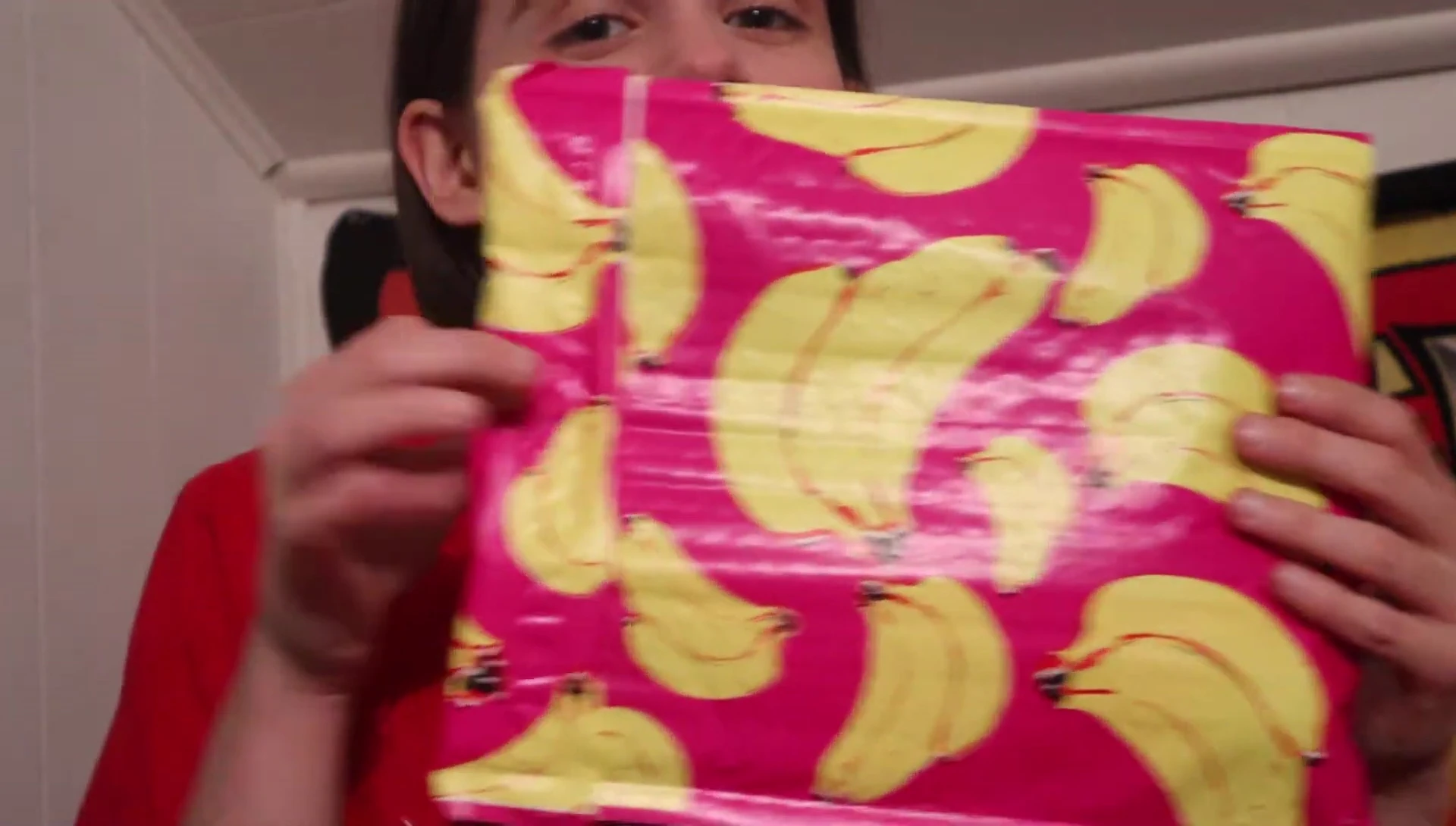 Close-up of the pink banana-printed packaging.