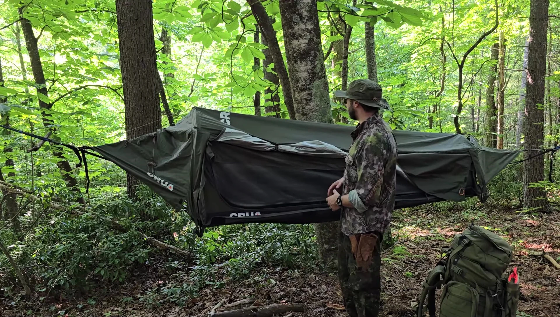 Close-up shot of the CRUA hammock tent after one month in the mountains, showing minimal wear and tear.